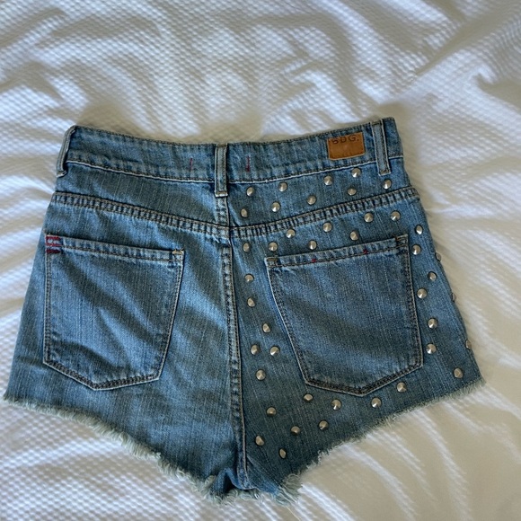 BDG Blue High Rise Distressed Jean Shorts with Studded Details - Picture 7 of 10